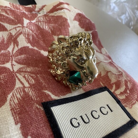 NEW Authentic Gucci Lion Head Motif Gemstone Ring In Gold & Green Sz M 7.5 US - Picture 4 of 9